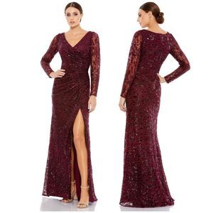 Mac Duggal | 12412 Long Sleeve Ruched Sequined V Neck Gown Size 4 NEW